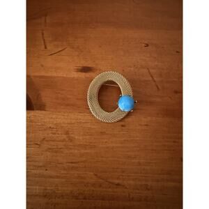 Vintage Style Gold Tone Rope Design Brooch Faux Turquoise Cabochon Round Pin